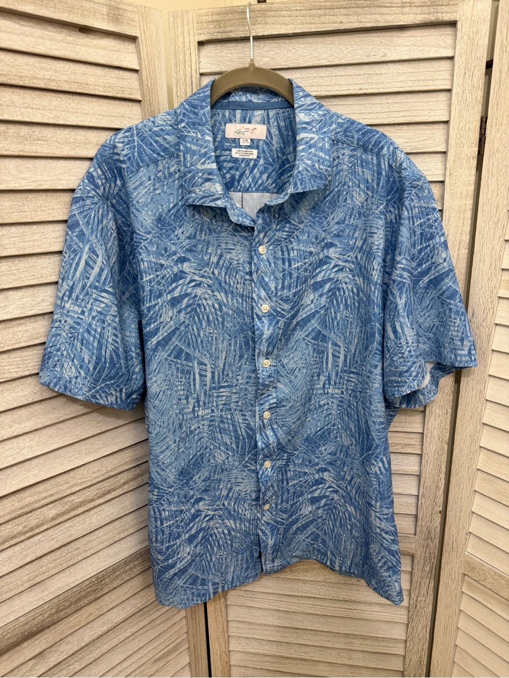 Greg Norman Collection Blue Palm-Print Short-Sleeve Button-Down Shirt